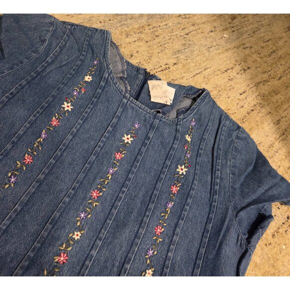 Vtg. Bobbie Brooks Dress Cottage Maxi Sz M Embroidered Floral Denim Modest Tie - Picture 8 of 16